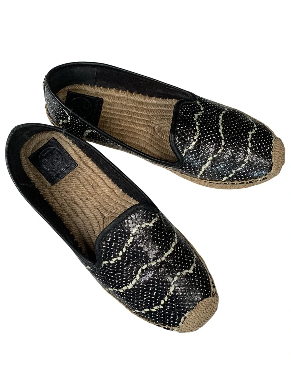 Tory Burch Snake Print Leather Espadrille Slip On Flats Black Cream 8.5